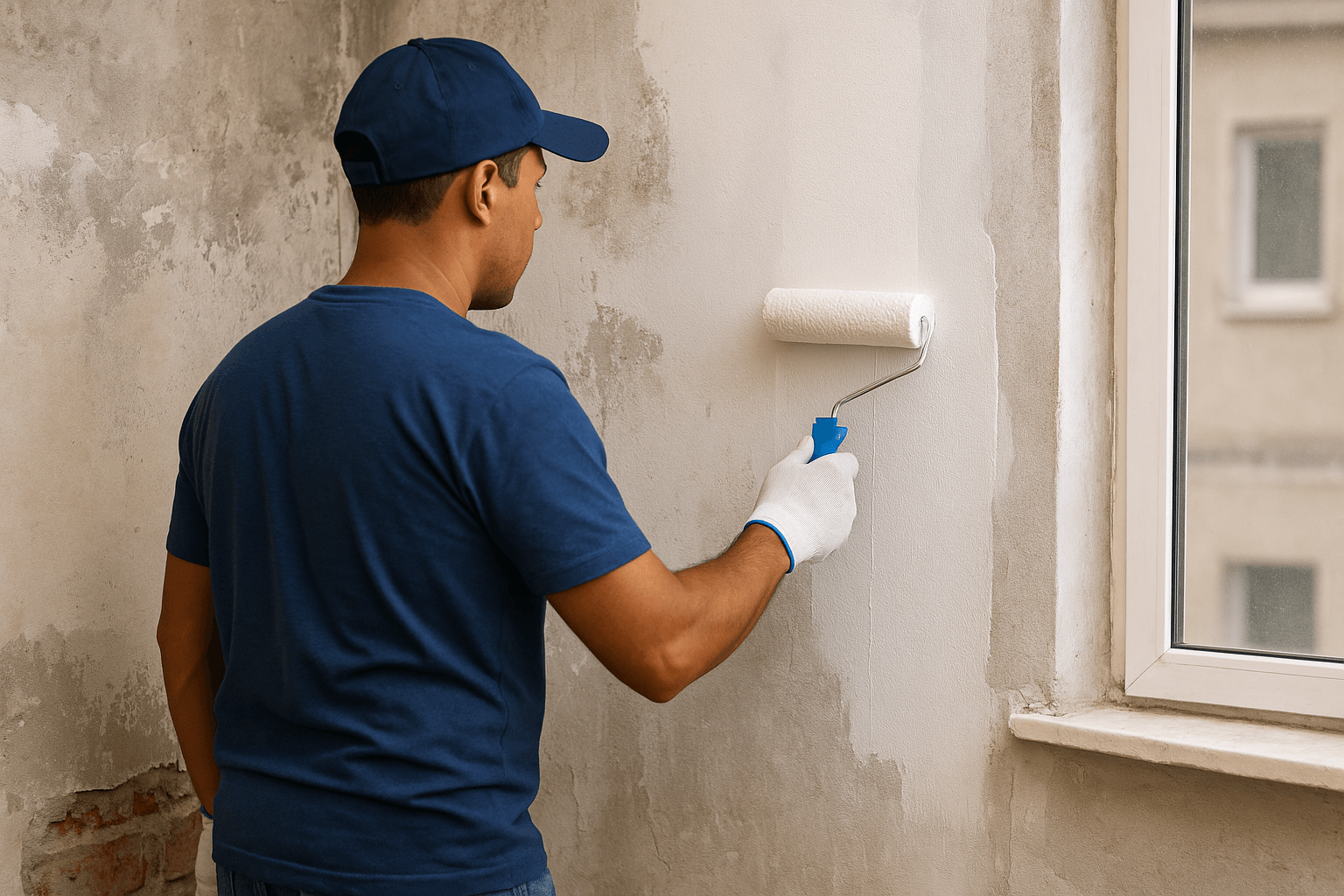 Pintor impermeabilizando parede com rolo durante reforma