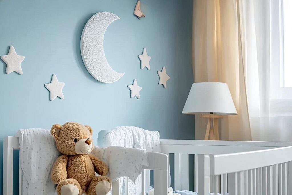 Quarto infantil com parede em cor azul bebe e decoração lúdica, homenagem ao novembro azul