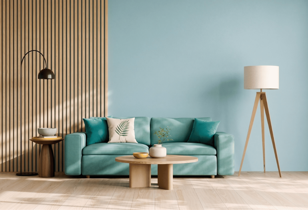 Sala de estar moderna com parede em Azul Céu, sofá em tons de Vitória Régia e detalhes decorativos em Amarelo Manga.