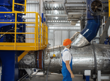 Profissional em ambiente industrial com tubulações e equipamentos identificados por cores de segurança