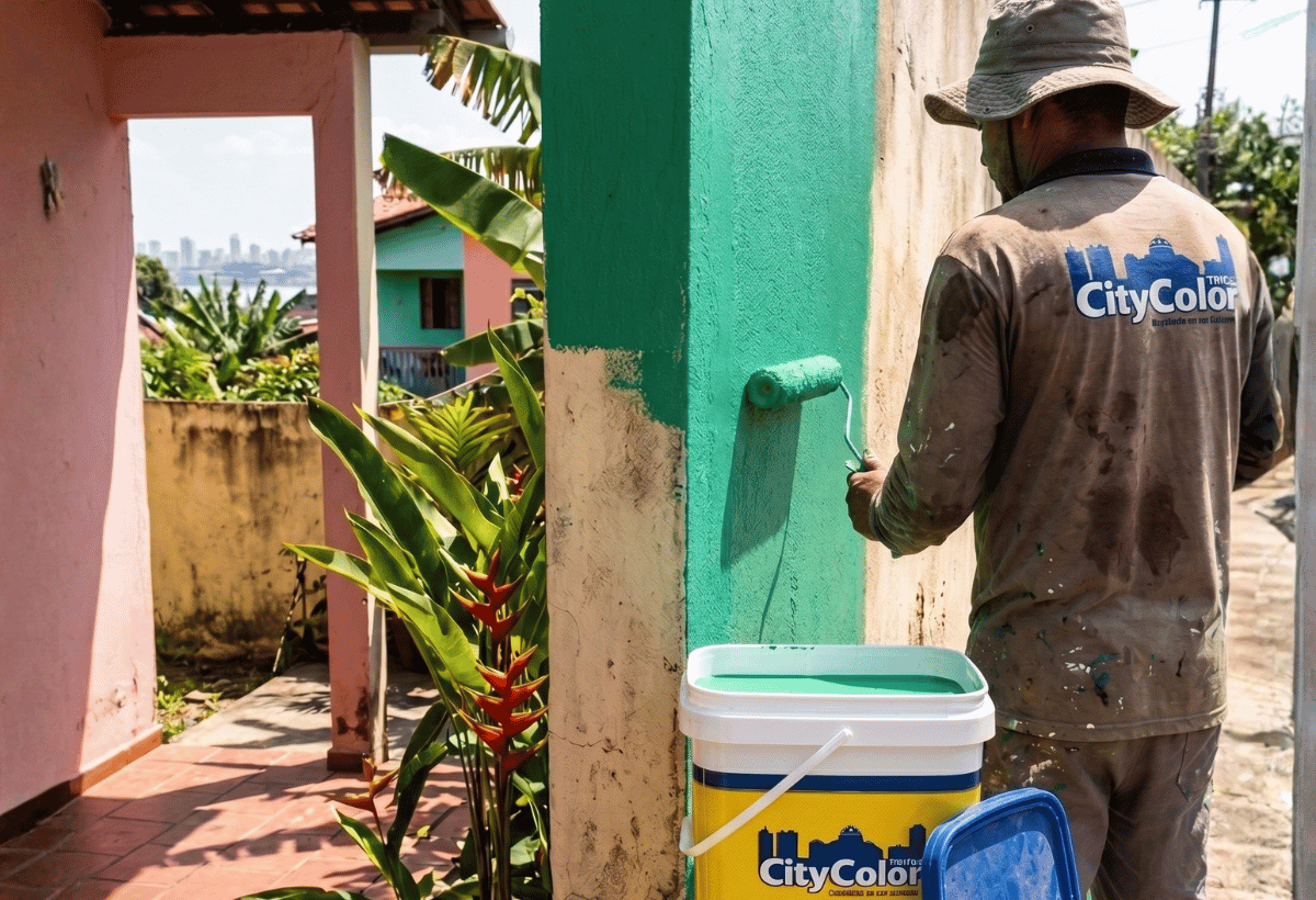 Profissional pintando parede externa em Manaus com tinta acrílica CityColor durante período de estiagem